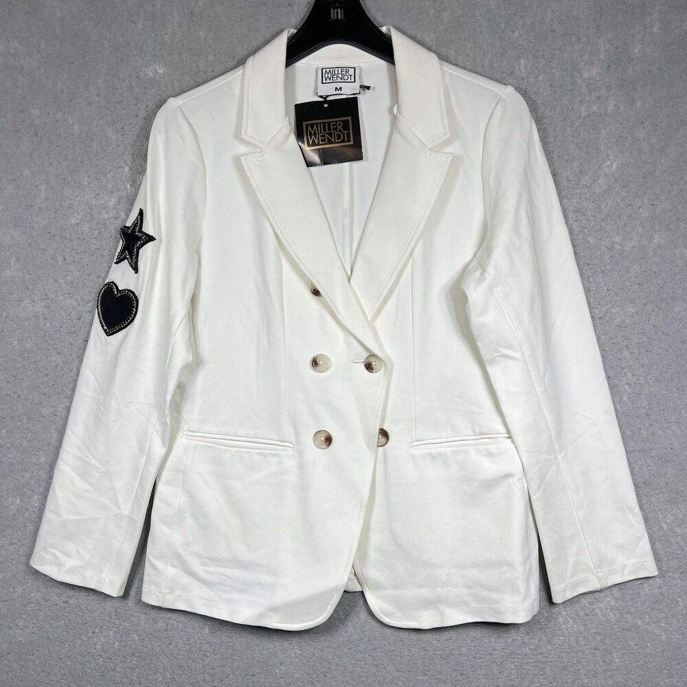 Miller Wendt Softknit Blazer White Embroidered Crest Size Medium Buttons Preppy